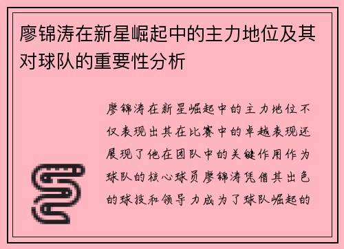 廖锦涛在新星崛起中的主力地位及其对球队的重要性分析