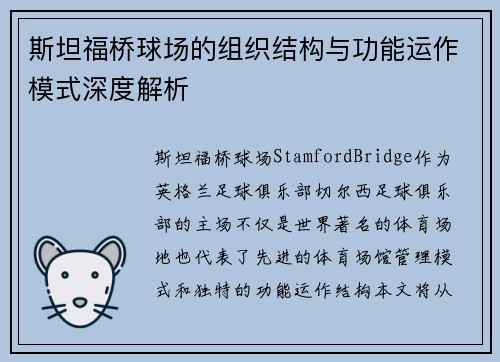 斯坦福桥球场的组织结构与功能运作模式深度解析 斯坦福桥球场的组织结构与功能运作模式深度解析