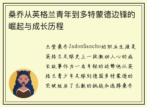 桑乔从英格兰青年到多特蒙德边锋的崛起与成长历程