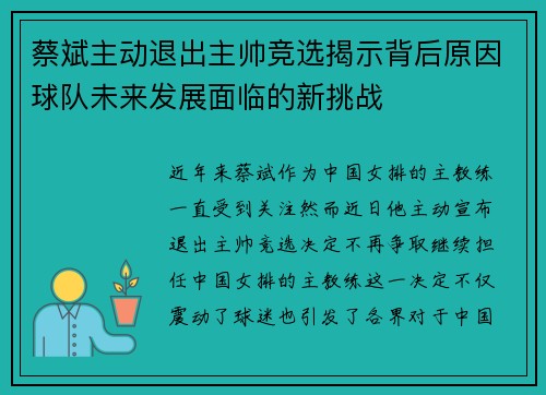 蔡斌主动退出主帅竞选揭示背后原因球队未来发展面临的新挑战 蔡斌主动退出主帅竞选揭示背后原因球队未来发展面临的新挑战